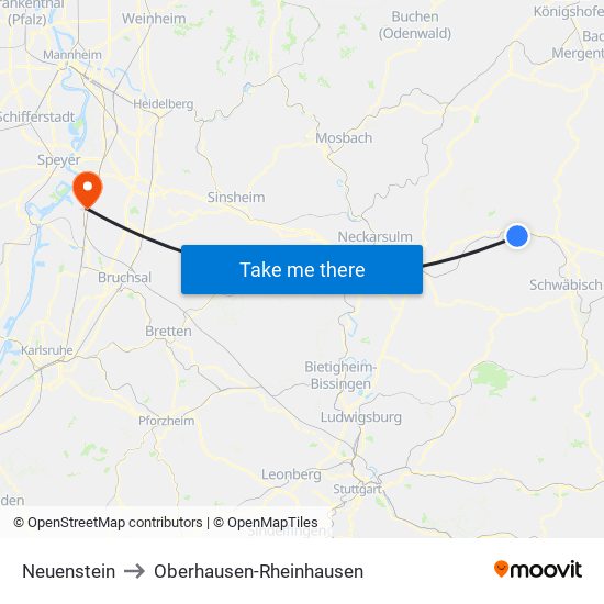 Neuenstein to Oberhausen-Rheinhausen map