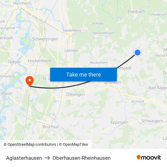 Aglasterhausen to Oberhausen-Rheinhausen map