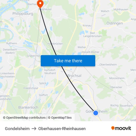 Gondelsheim to Oberhausen-Rheinhausen map