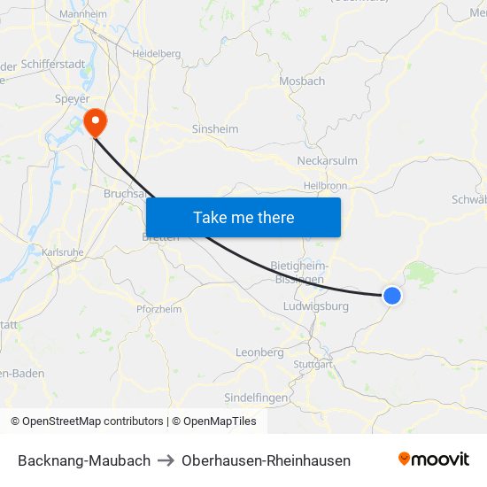 Backnang-Maubach to Oberhausen-Rheinhausen map