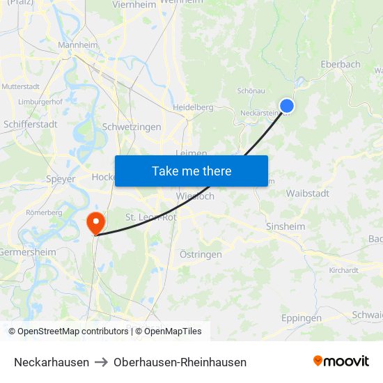 Neckarhausen to Oberhausen-Rheinhausen map