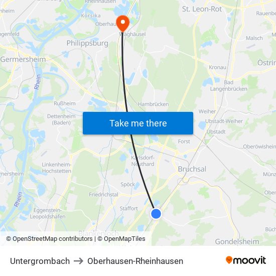 Untergrombach to Oberhausen-Rheinhausen map