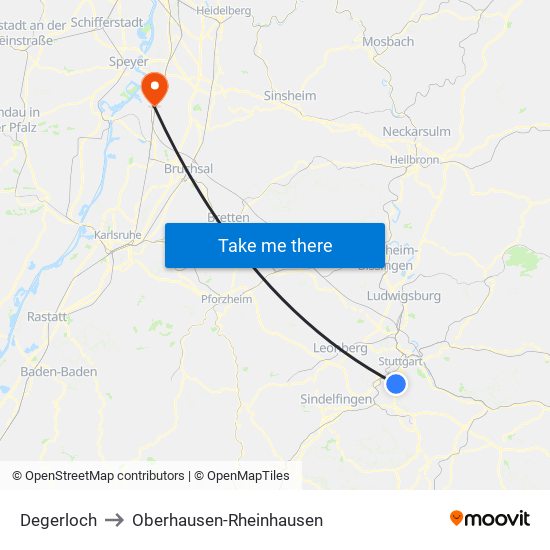 Degerloch to Oberhausen-Rheinhausen map