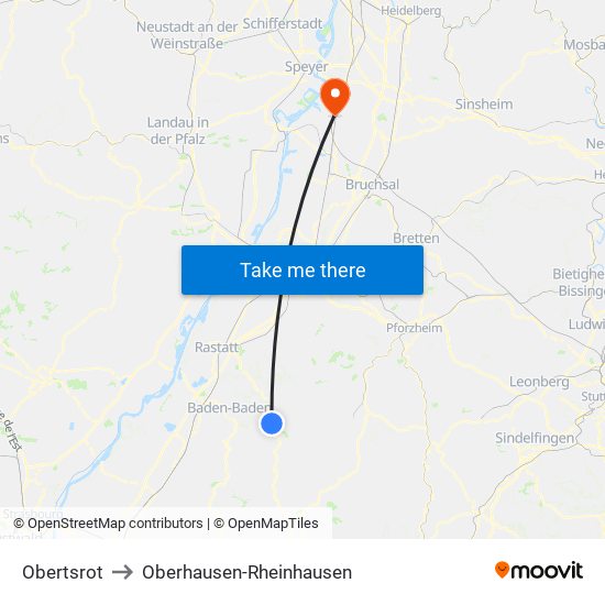 Obertsrot to Oberhausen-Rheinhausen map