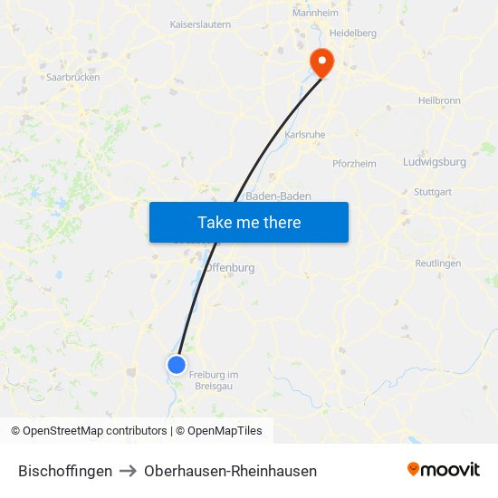 Bischoffingen to Oberhausen-Rheinhausen map