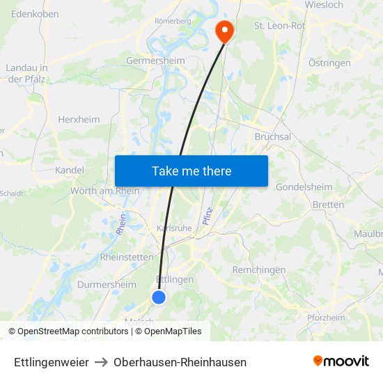 Ettlingenweier to Oberhausen-Rheinhausen map