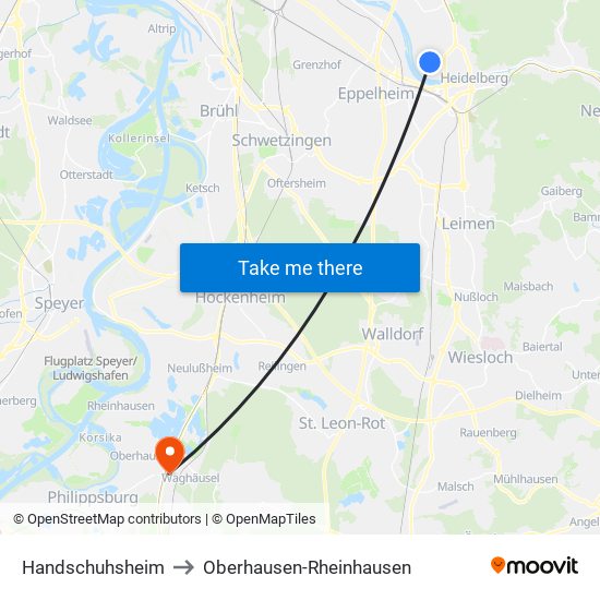 Handschuhsheim to Oberhausen-Rheinhausen map