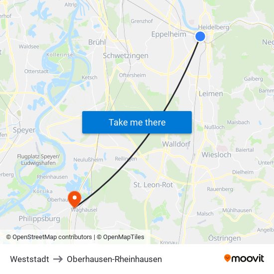 Weststadt to Oberhausen-Rheinhausen map