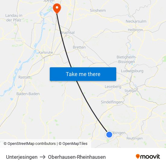 Unterjesingen to Oberhausen-Rheinhausen map