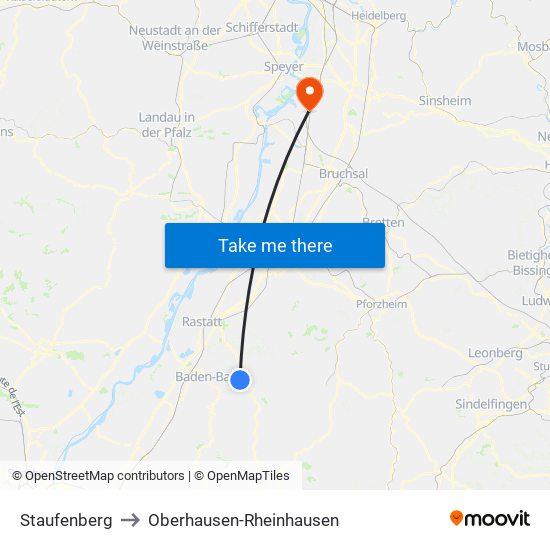 Staufenberg to Oberhausen-Rheinhausen map