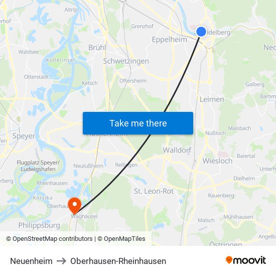 Neuenheim to Oberhausen-Rheinhausen map