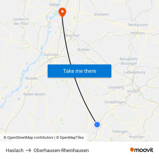 Haslach to Oberhausen-Rheinhausen map