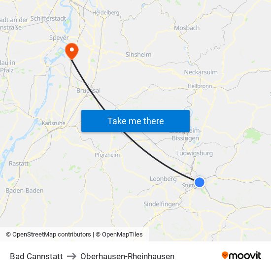 Bad Cannstatt to Oberhausen-Rheinhausen map