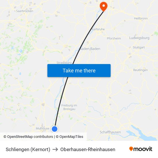 Schliengen (Kernort) to Oberhausen-Rheinhausen map