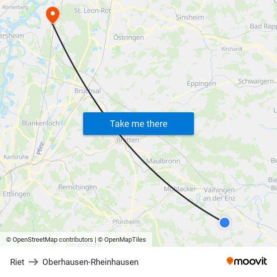 Riet to Oberhausen-Rheinhausen map