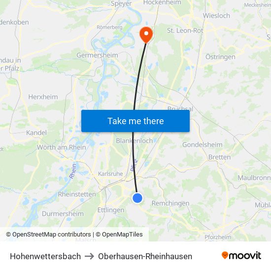 Hohenwettersbach to Oberhausen-Rheinhausen map