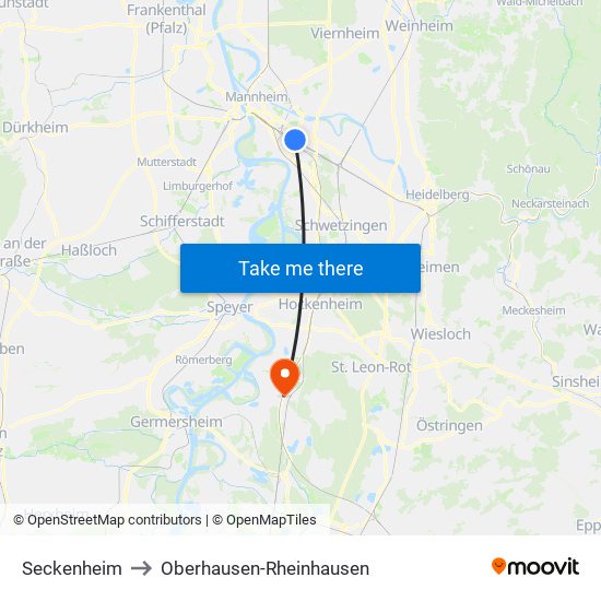 Seckenheim to Oberhausen-Rheinhausen map