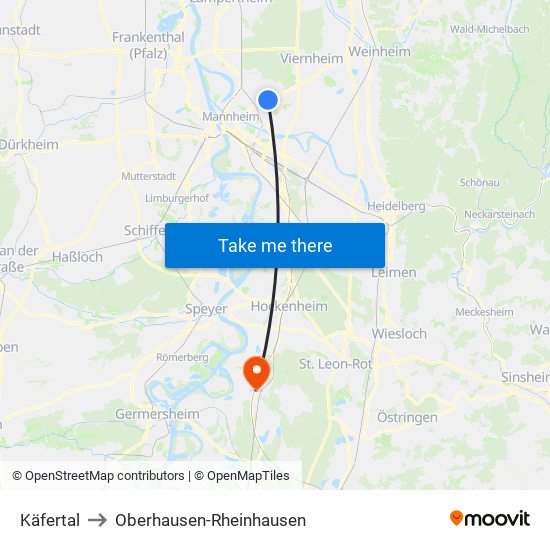 Käfertal to Oberhausen-Rheinhausen map