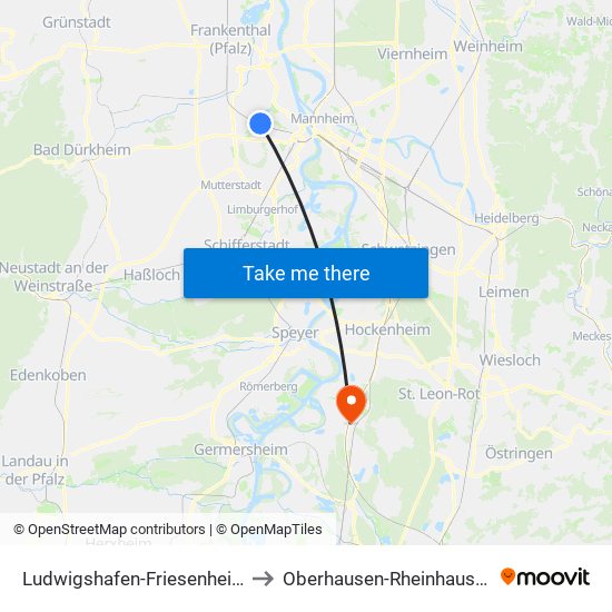 Ludwigshafen-Friesenheim to Oberhausen-Rheinhausen map