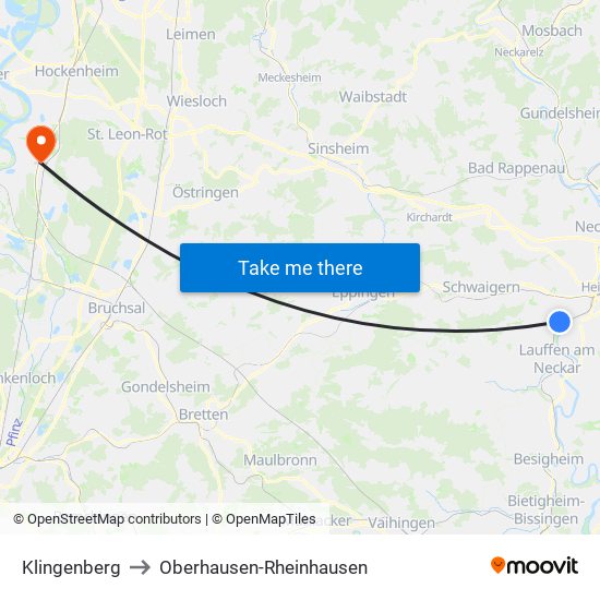 Klingenberg to Oberhausen-Rheinhausen map