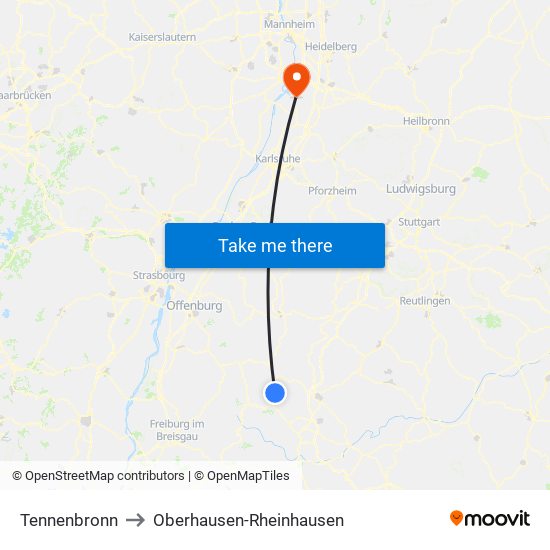 Tennenbronn to Oberhausen-Rheinhausen map