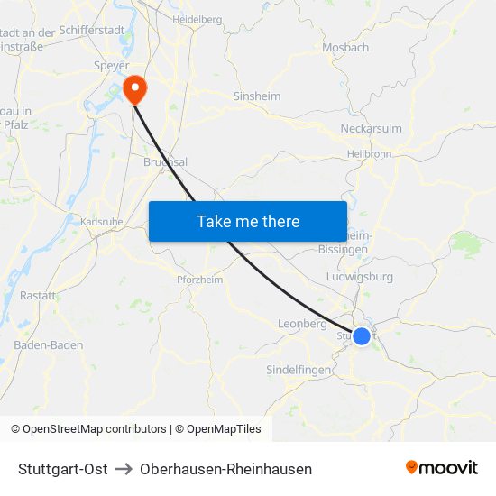 Stuttgart-Ost to Oberhausen-Rheinhausen map