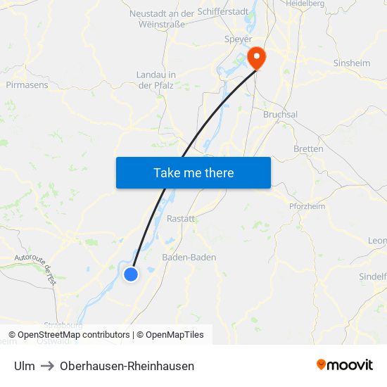 Ulm to Oberhausen-Rheinhausen map