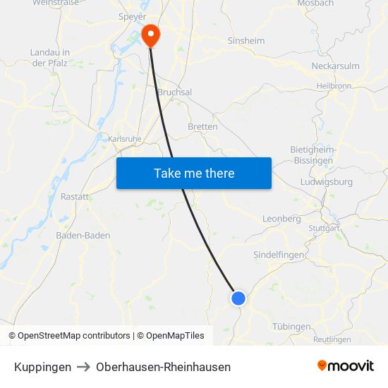 Kuppingen to Oberhausen-Rheinhausen map