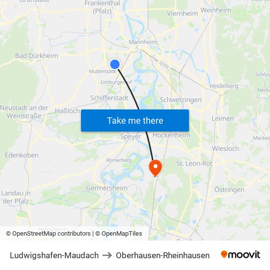 Ludwigshafen-Maudach to Oberhausen-Rheinhausen map