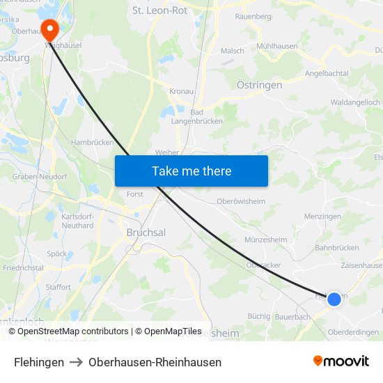 Flehingen to Oberhausen-Rheinhausen map