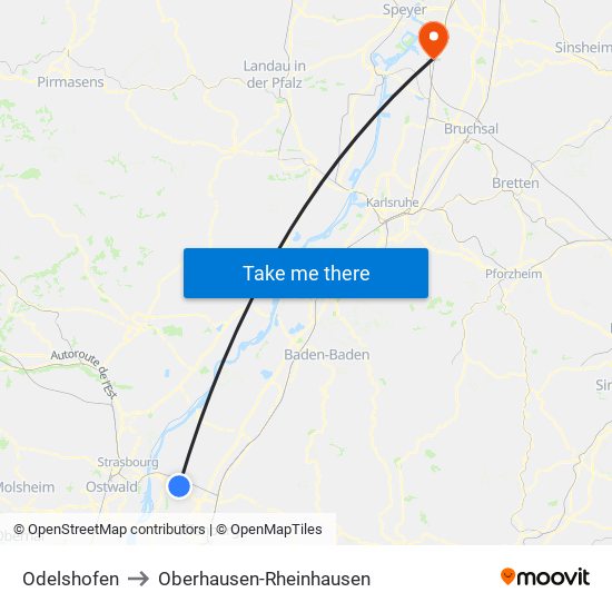 Odelshofen to Oberhausen-Rheinhausen map