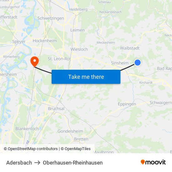 Adersbach to Oberhausen-Rheinhausen map