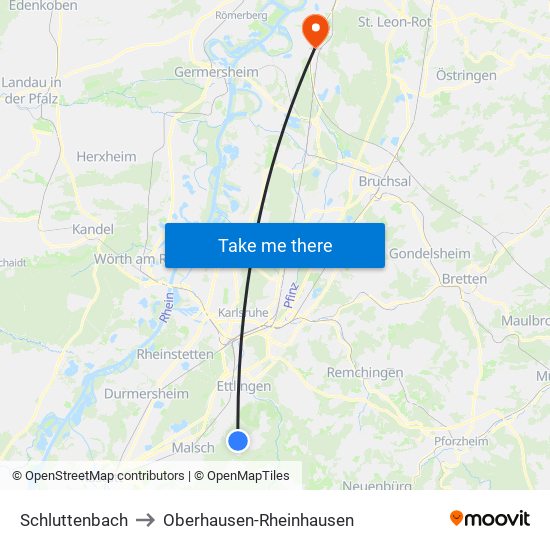 Schluttenbach to Oberhausen-Rheinhausen map