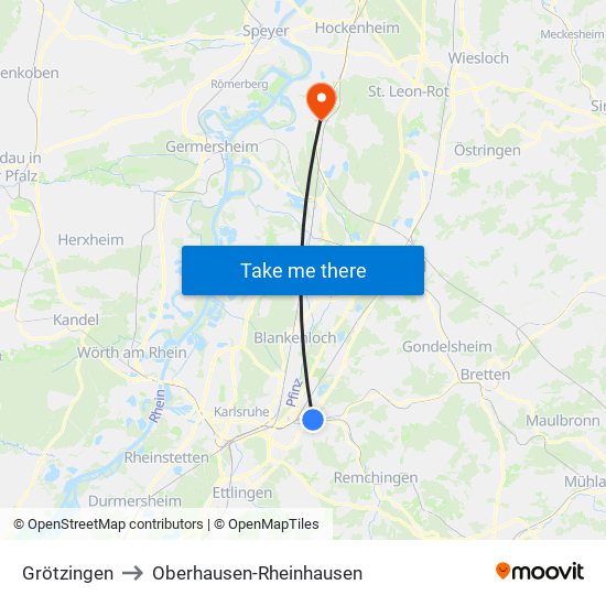 Grötzingen to Oberhausen-Rheinhausen map