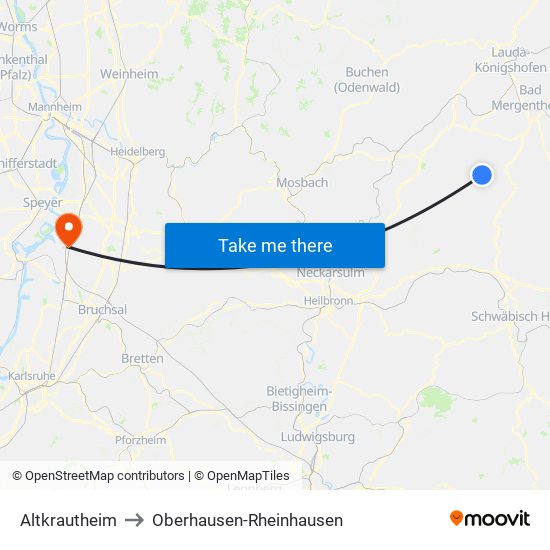 Altkrautheim to Oberhausen-Rheinhausen map