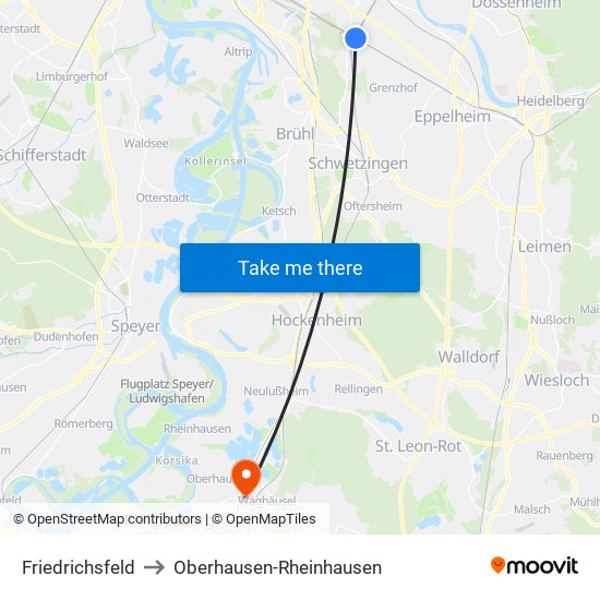 Friedrichsfeld to Oberhausen-Rheinhausen map