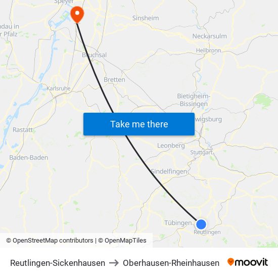 Reutlingen-Sickenhausen to Oberhausen-Rheinhausen map