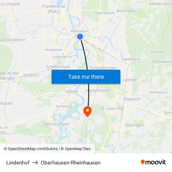 Lindenhof to Oberhausen-Rheinhausen map