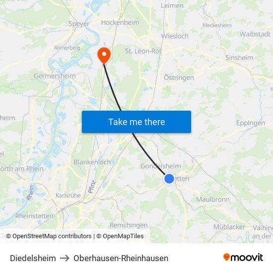 Diedelsheim to Oberhausen-Rheinhausen map