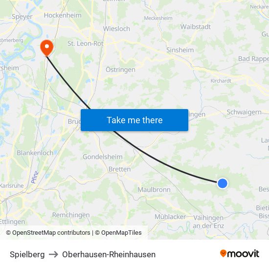 Spielberg to Oberhausen-Rheinhausen map