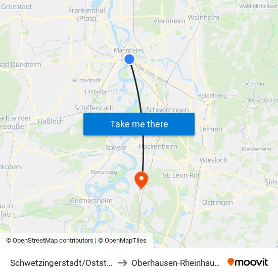 Schwetzingerstadt/Oststadt to Oberhausen-Rheinhausen map