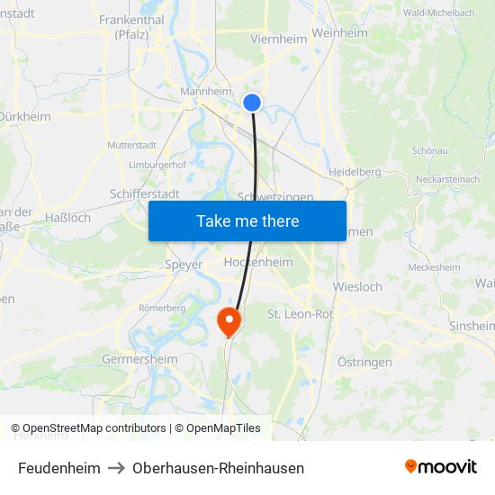 Feudenheim to Oberhausen-Rheinhausen map