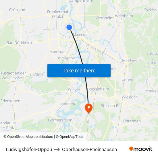 Ludwigshafen-Oppau to Oberhausen-Rheinhausen map
