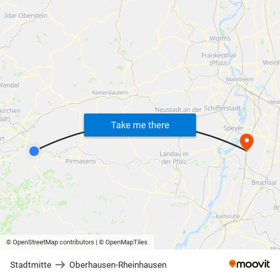 Stadtmitte to Oberhausen-Rheinhausen map