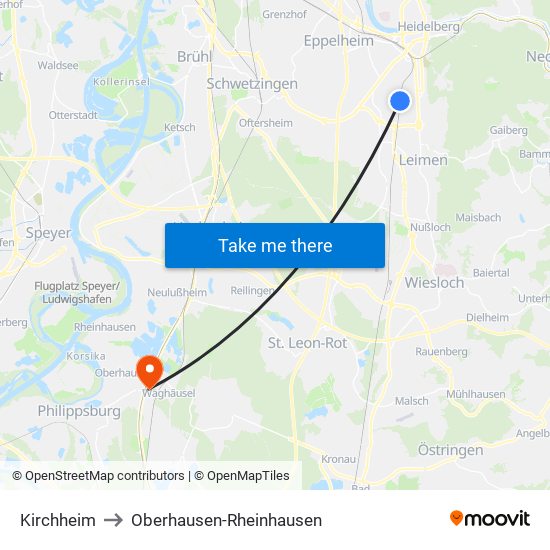 Kirchheim to Oberhausen-Rheinhausen map