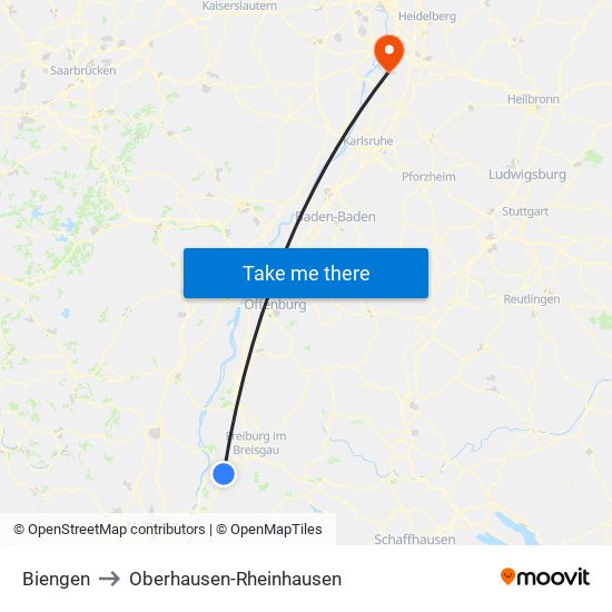 Biengen to Oberhausen-Rheinhausen map
