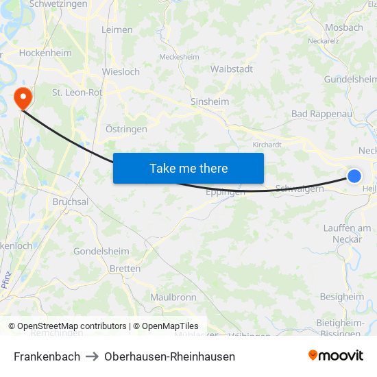 Frankenbach to Oberhausen-Rheinhausen map