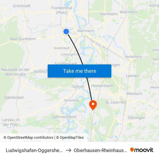 Ludwigshafen-Oggersheim to Oberhausen-Rheinhausen map