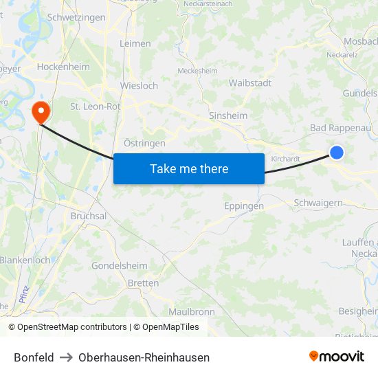 Bonfeld to Oberhausen-Rheinhausen map
