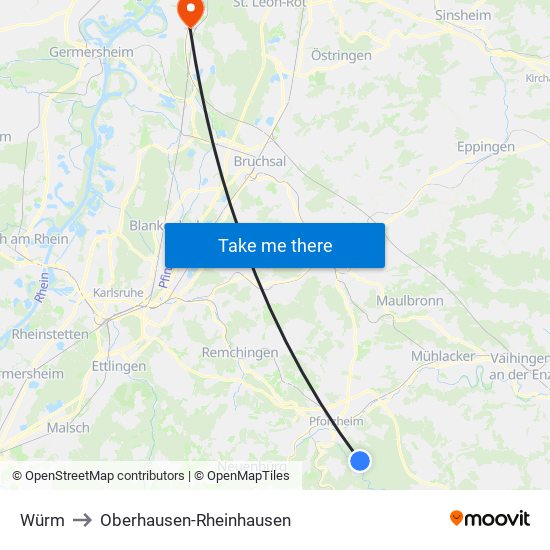 Würm to Oberhausen-Rheinhausen map